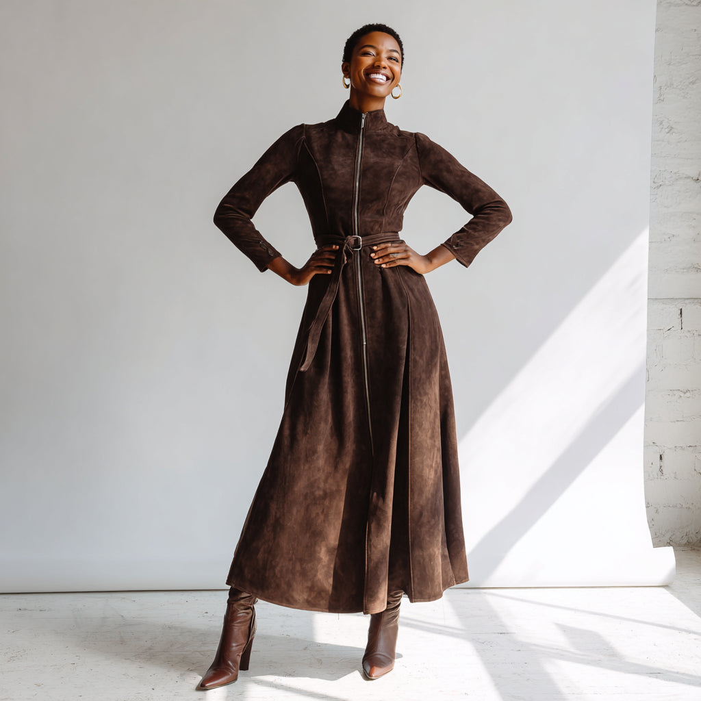 Marsella | Langes braunes Kleid mit Gürtel