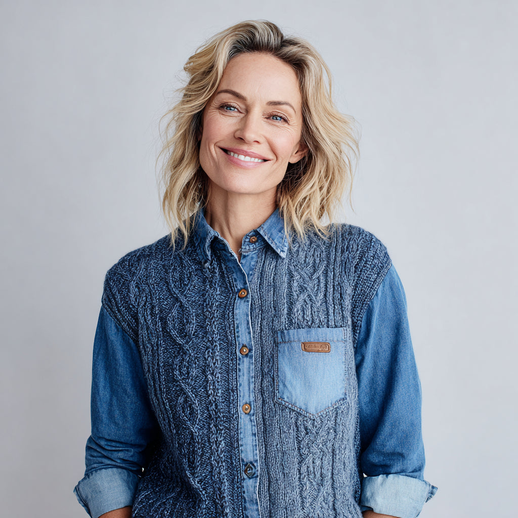 Patchwork-Jeanshemd mit langen Ärmeln