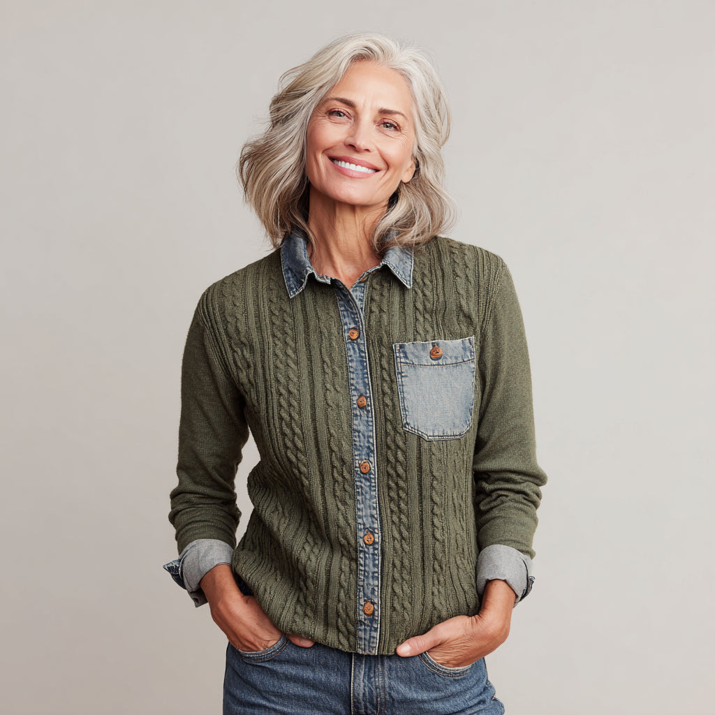 Patchwork-Jeanshemd mit langen Ärmeln