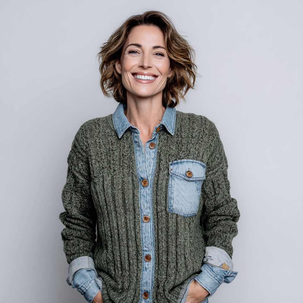 Patchwork-Jeanshemd mit langen Ärmeln