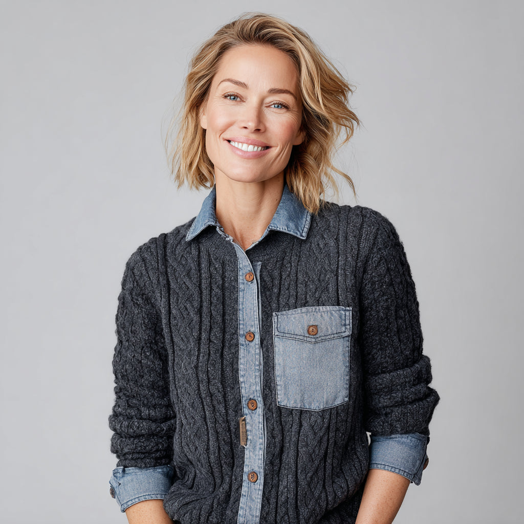 Patchwork-Jeanshemd mit langen Ärmeln